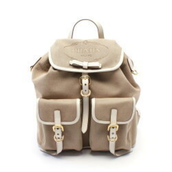 Prada JACQUARD Backpack Bag Leather Brown White - Picture 1 of 7